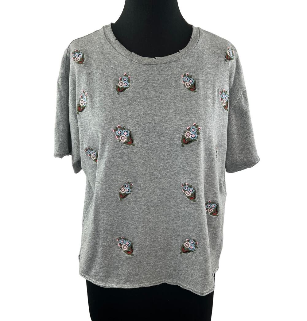 REBECCA MINKOFF Floral Embroidered T-Shirt Top Tee Gray Cotton Crewneck Size L
